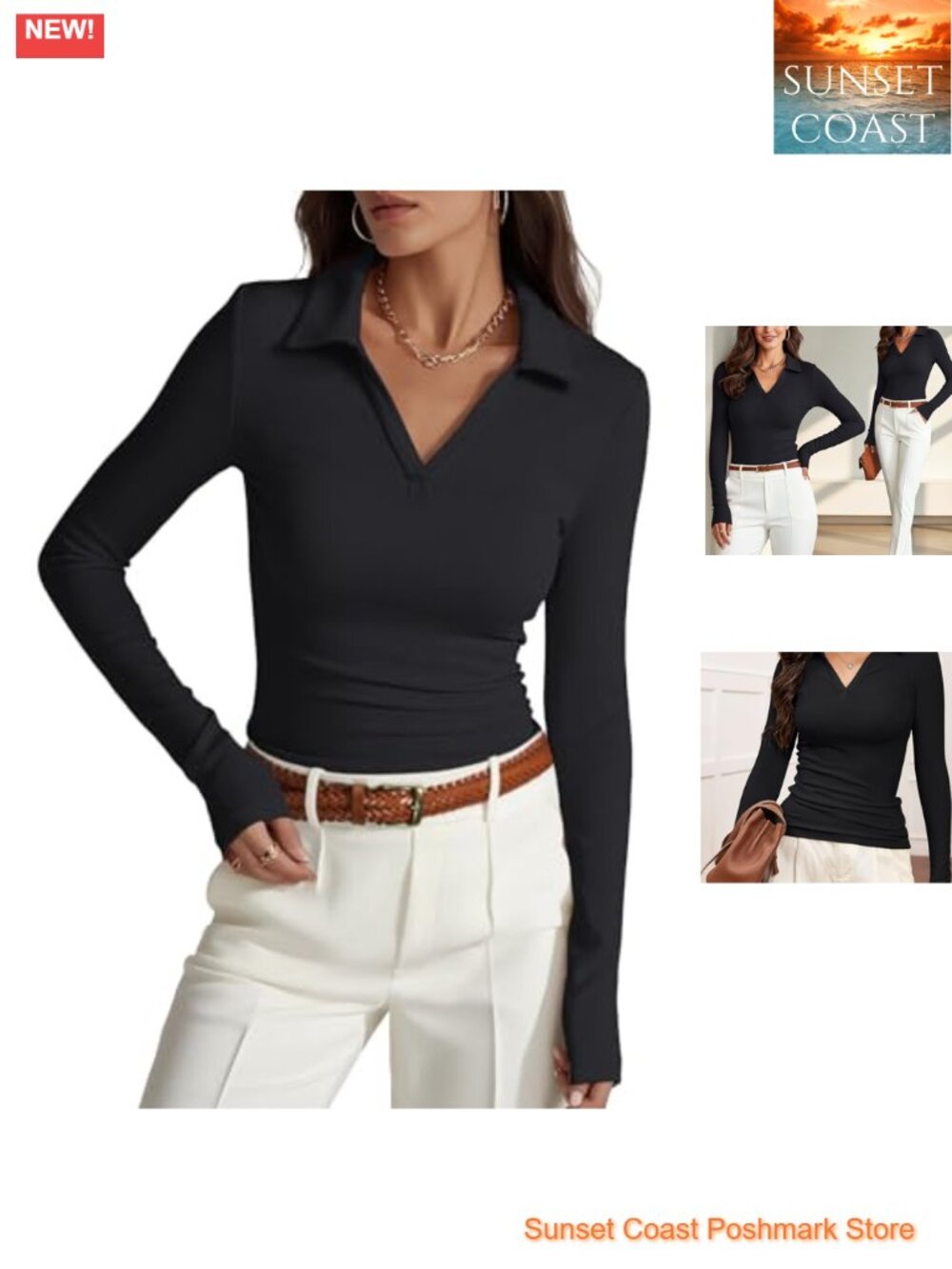 Womens Long Sleeve Polo Shirt Collared V-Neck Ruched Business Casual Top
